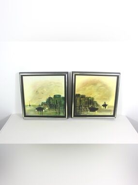 pair of Signed Vintage Oil Paintings, Marina Sailboats, Mid-Century Nautical Art